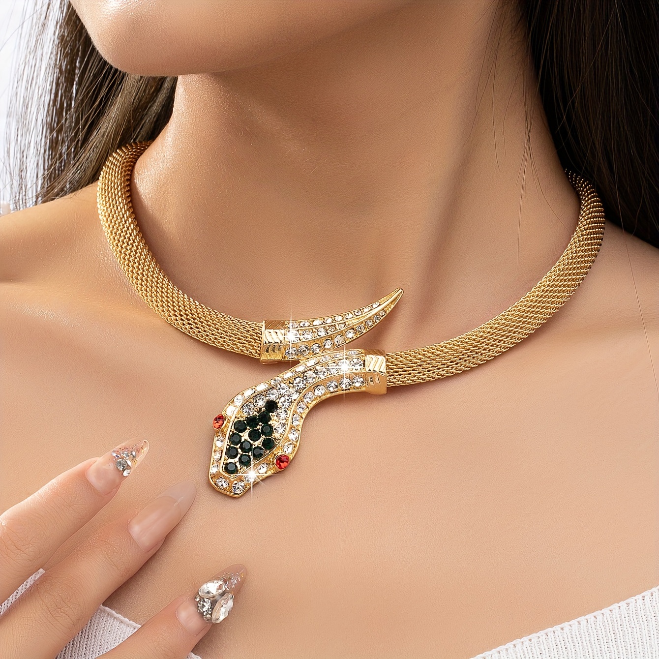 

Elegant & Vintage-inspired Golden Snake Pendant Necklace With Black & Clear Gemstones - Alloy, Natural Crystal , & Parties, Snake Jewelry