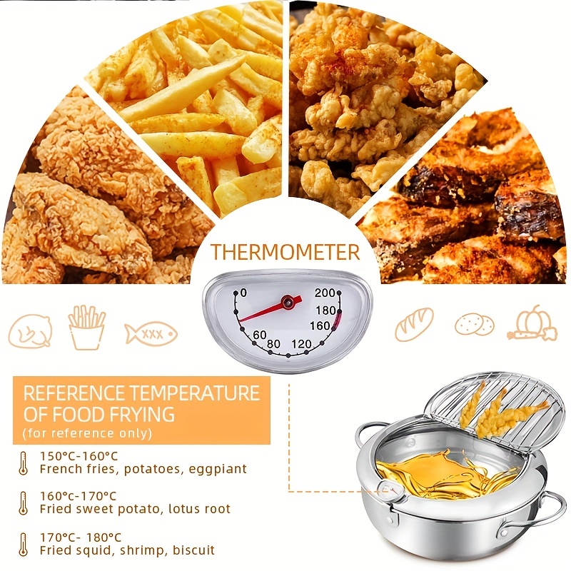 Kerilyn Deep Fryer Pot, 11 Inch/4.2 L Janpanese Style Tempura Frying Pot  with Lid, 304 Stainless Steel with Temperature Control and Oil Drip Drainer