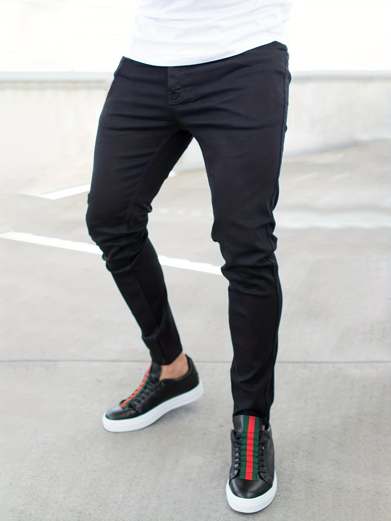 Slim Fit Ripped Jeans, Men's Casual Street Style Mid Stretch Black Pants  For Spring Summer