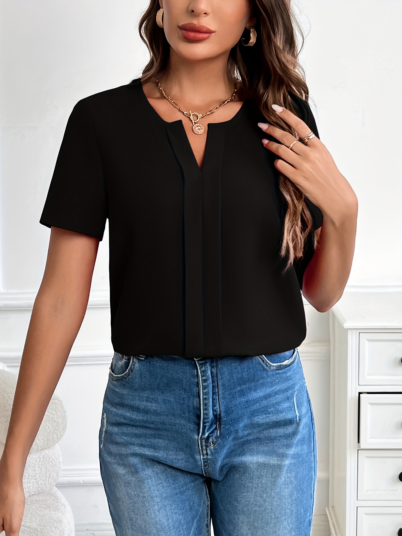 Solid Notched Neck Blouse Casual Short Sleeve Simple Blouse - Temu