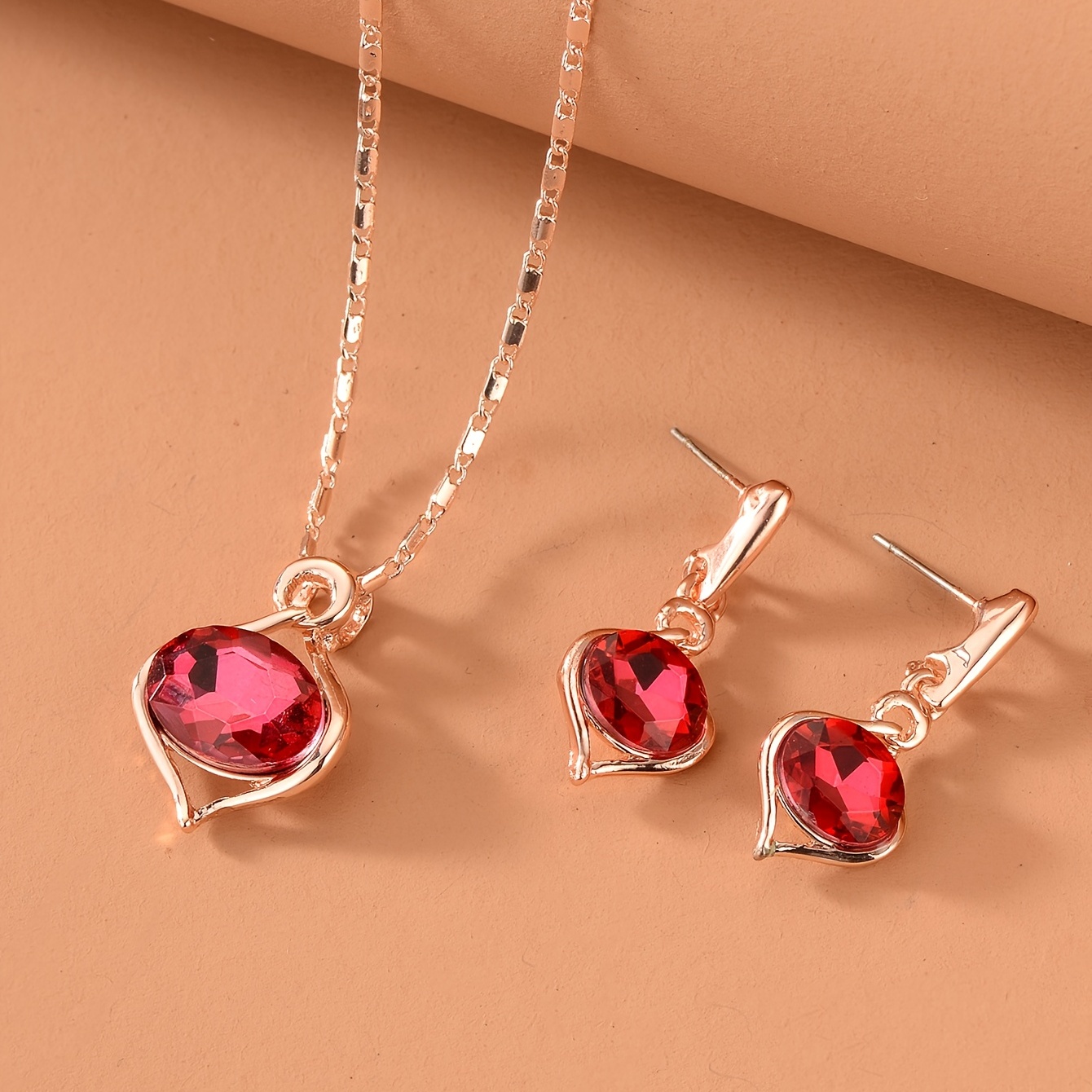 1set/3pcs Luxurious Waterdrop Shaped Pink Zircon Necklace