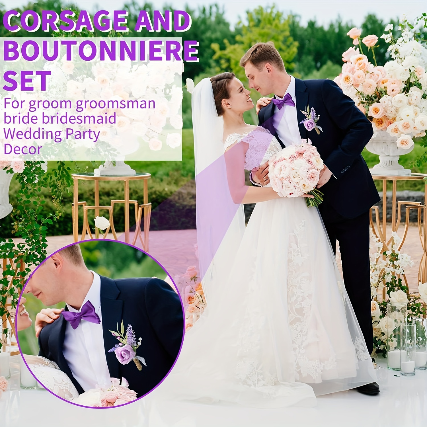 3Pcs Wedding Boutonniere Corsage, Artificial Rose Flower Corsage Grooms  Groomsmen Bride Bridesmaids, White 