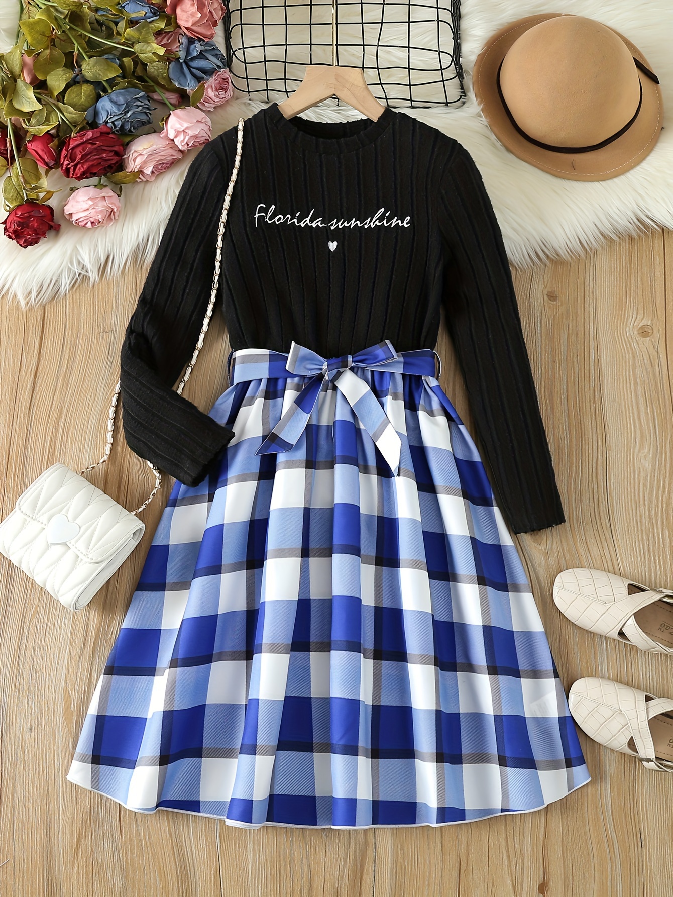 Elegant Girls Splicing Long Sleeve Plaid Dress + Plaid Bow - Temu