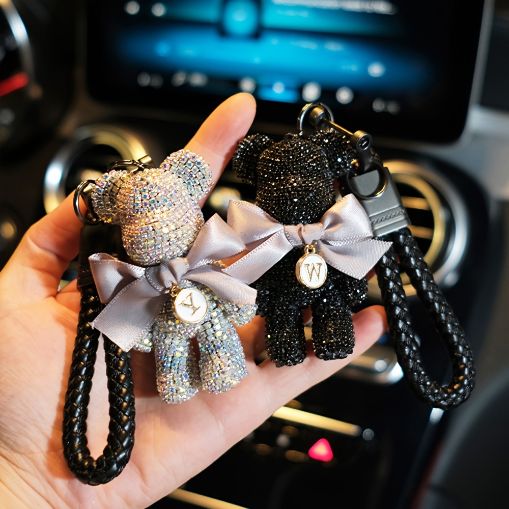 Full Crystal Bear Keychain Lanyard Rhinestone Leather Strap Animal  Keychains Women Bag Charms Men Car Key ring Christmas Gift