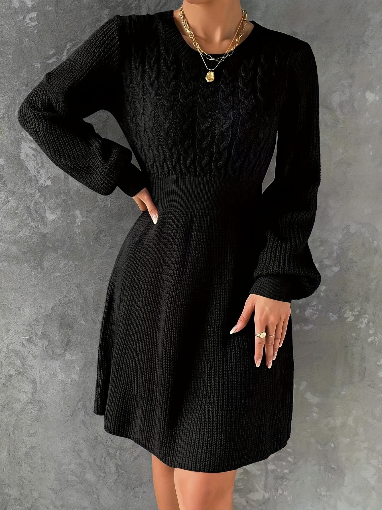 Solid Cable Knit Dress Elegant V Neck Lantern Long Sleeve - Temu