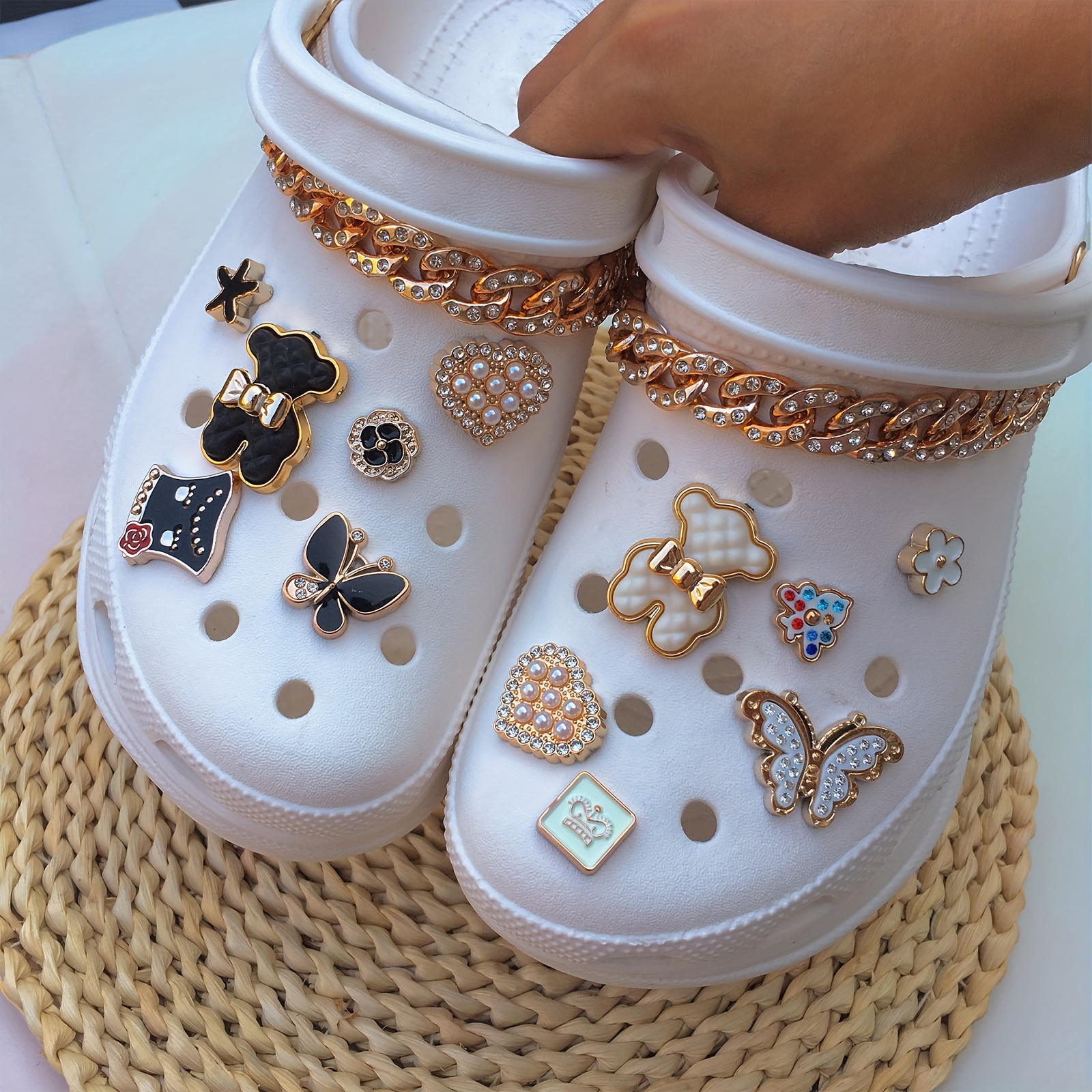 Luxury Brand Designer Gold Metal Shoe Accessories Fine Color Bling  Rhinestone Croc Charms Decaration for JIBZ Clog Girl Gift SHE