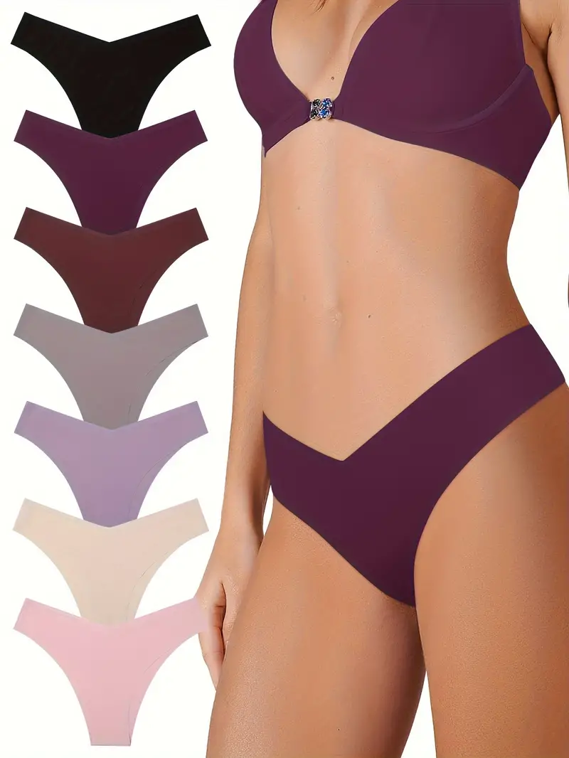 7pcs V-shape Design Bikini Briefs, Cooling Fabric No Show Solid Panties,  Women's Lingerie & Underwear