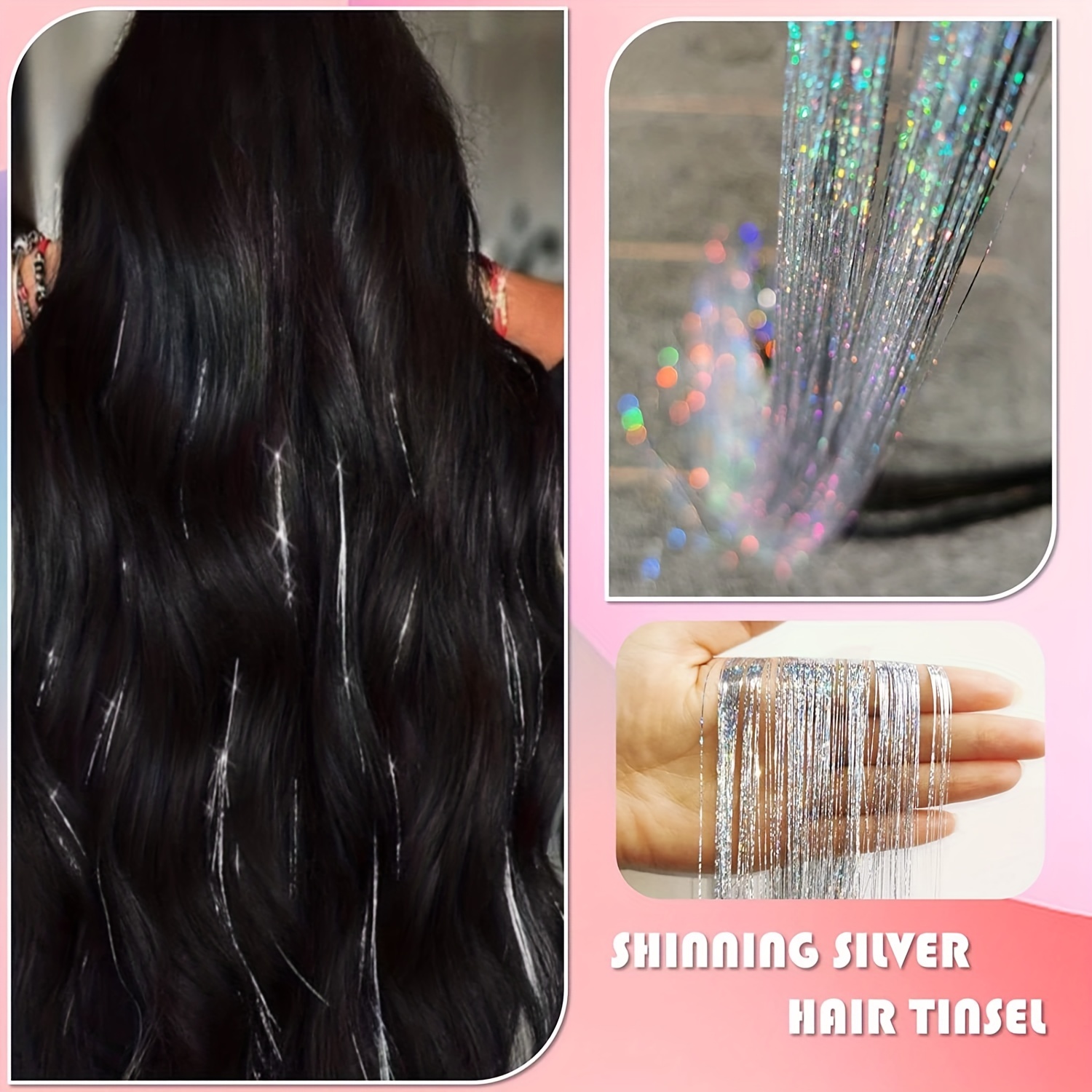  Silver Pink Hair Tinsel Kit With Tools 8pcs 1600 Strands  Glitter Tinsel Hair Extensions Heat Resistant Highlights Sparkling Fairy  Hair for Women Girls : Beauty & Personal Care