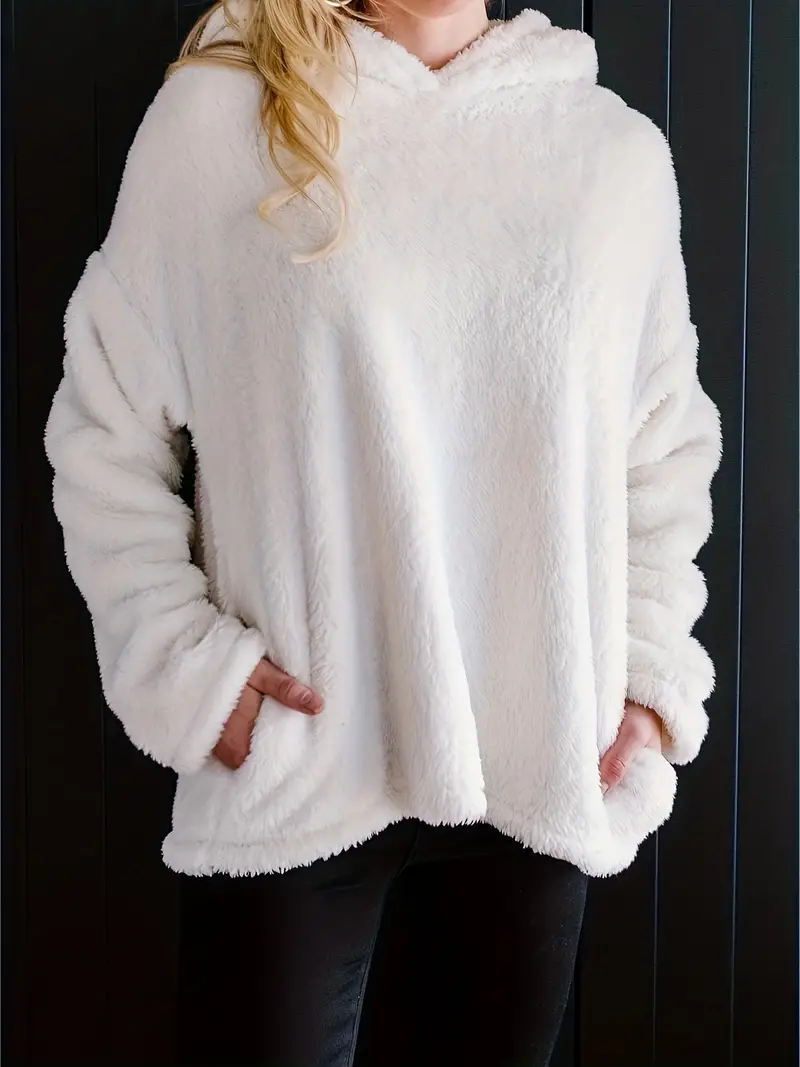 Solid Fuzzy Hoodie Casual Long Sleeve Warm Cozy Sweatshirt - Temu