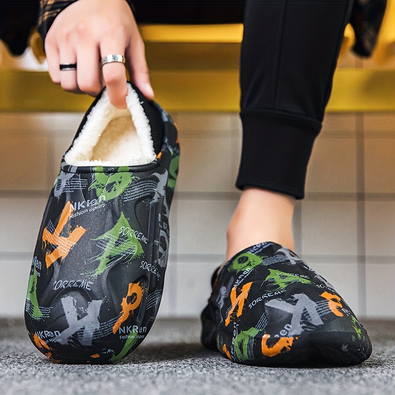 Graphic Print Cozy Waterproof House Slippers Anti-skid Slip-on Shoes Indoor  For Men Winter Shoes Fuzz-lined Eva Clogs - Temu