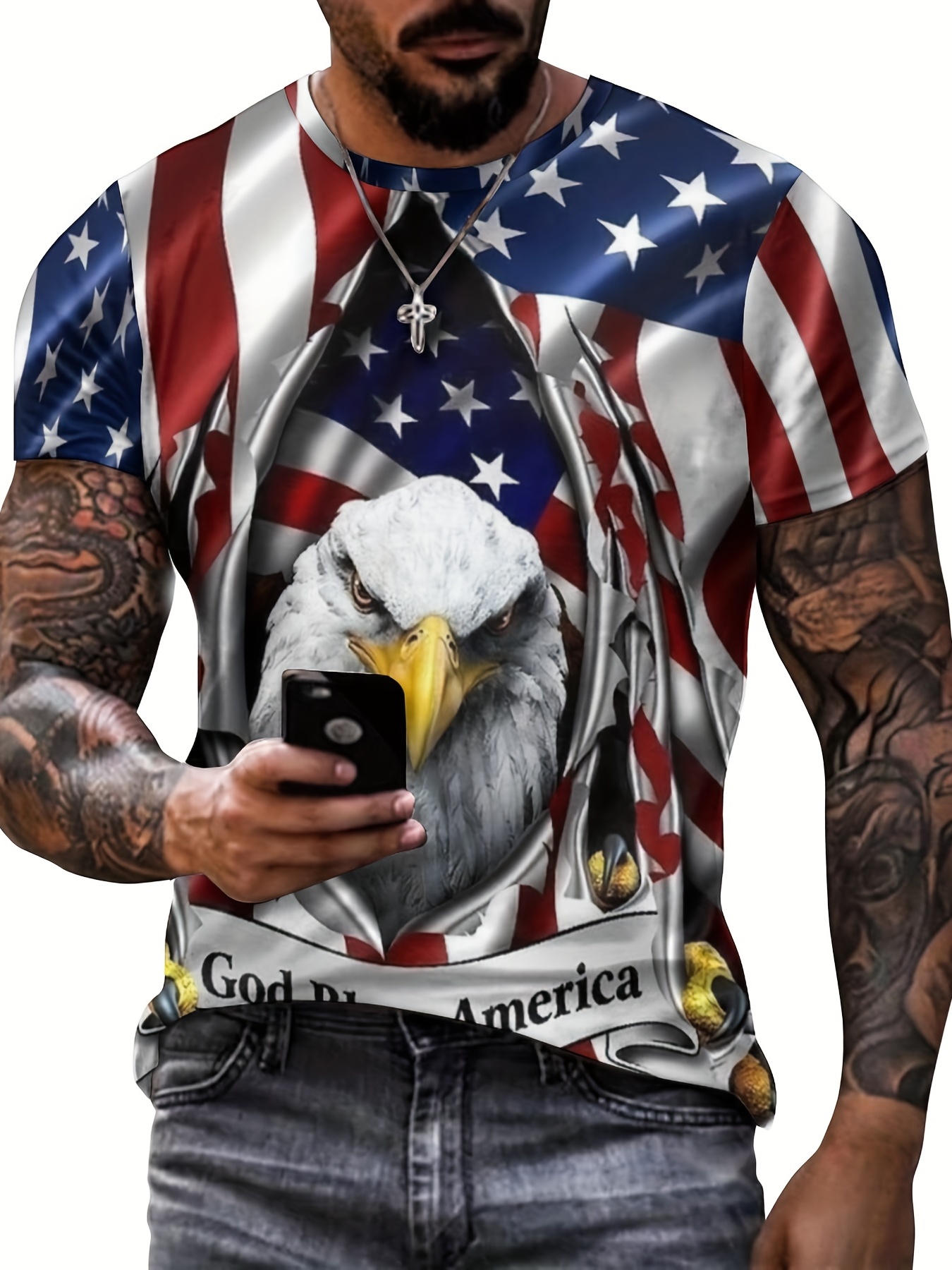 Men's Casual Flag And Eagle Graphic Novelty T Shirt 3D Printed Short Sleeve  Funny Tee Shirts Hip Hop Street Wear Summer Tops