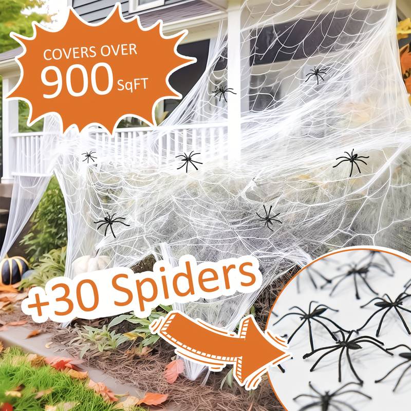 Toile D'araignée Halloween 200g Avec 60 Araignées - Déco Extensible Intérieur/extérieur - Effet Effrayant