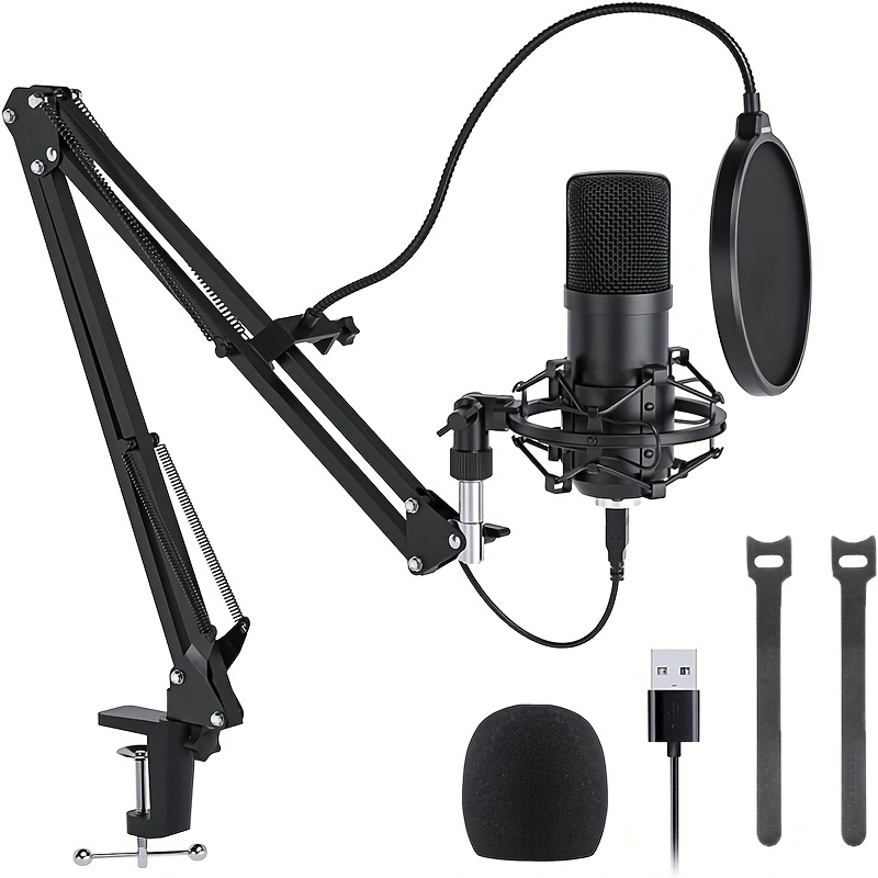 Professional USB Microphone, 192KHZ/24Bit Plug And Play PC Computer Podcast  Condenser Heart Metal Suspension Arm Bracket Spray Shield Microphone Kit