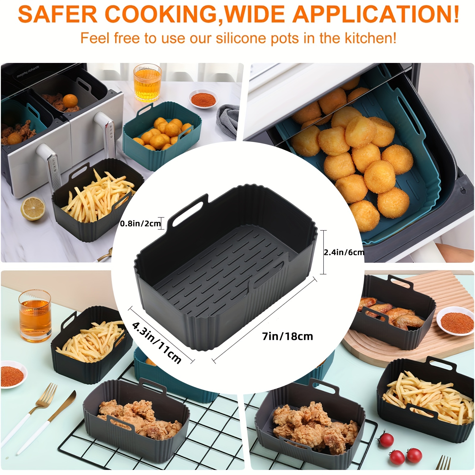10QT Air Fryer Silicone Liners, MMH 2Pcs Rectangular Airfryer Silicone Pot  Baking Tray Reusable Replacement Basket Insert for Ninja DZ401, DZ550,  Non-stick, Food Safe, Gray 