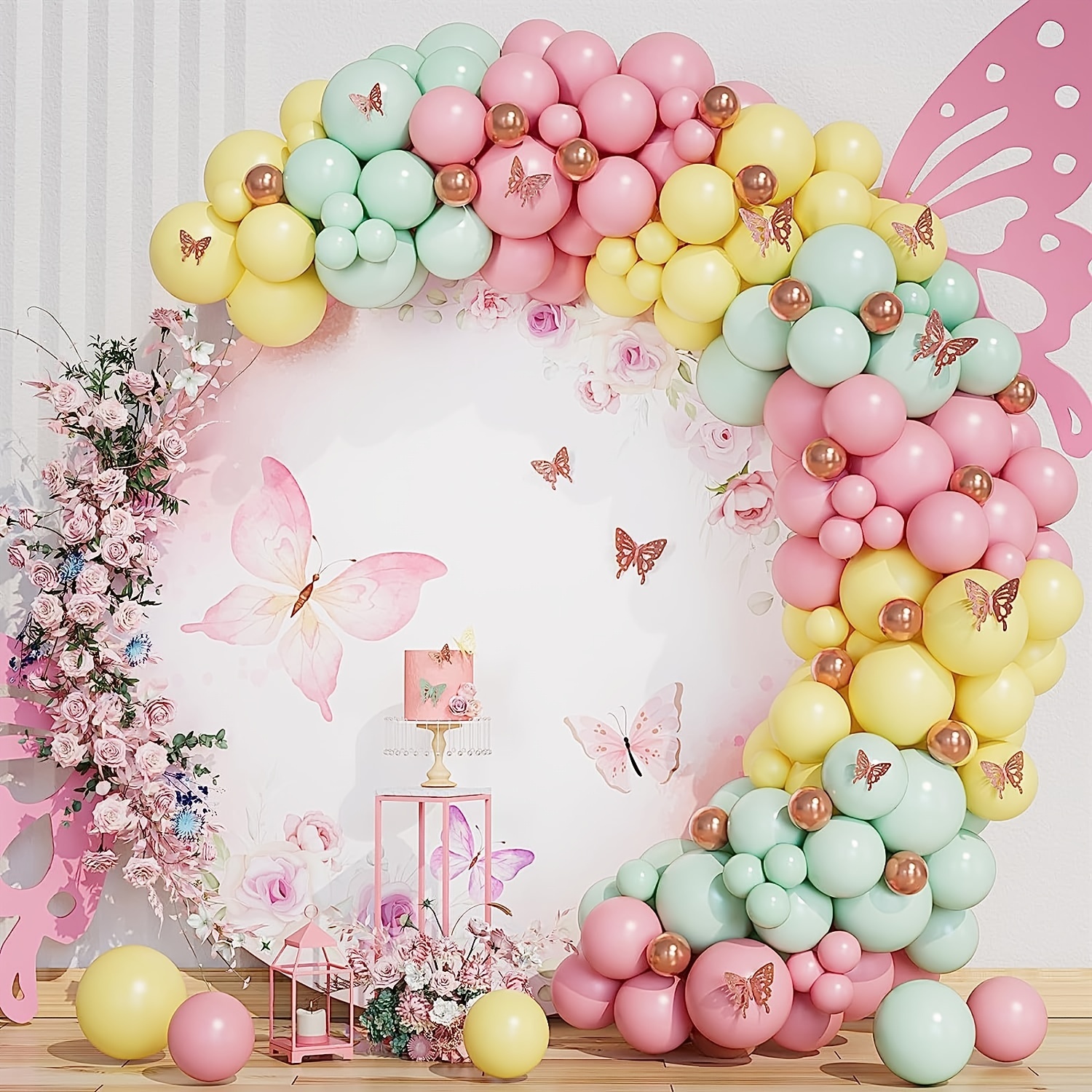 Decoraciones de fiesta temática de mariposas, decoraciones de cumpleaños de  mariposa con kit de arco de globos rosa y morado, telón de fondo de