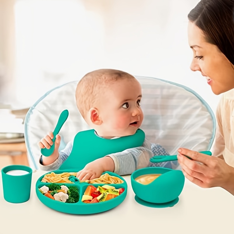 6-Piece Baby Feeding Set - Silicone Bib Suction Plate Suction Bowl Water  Cup Spoon Fork Infant Eating Utensil Tableware