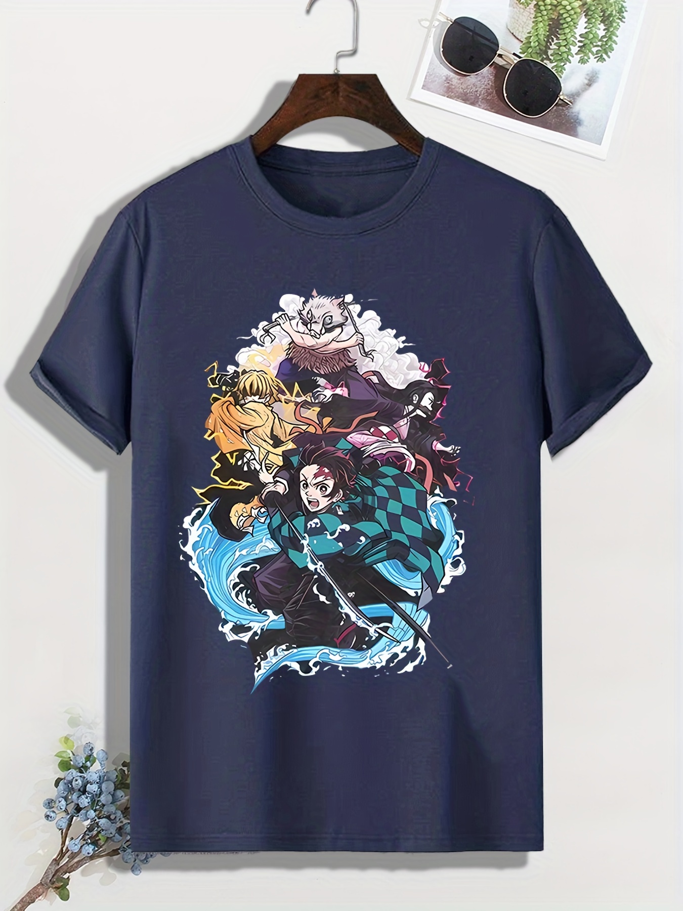 Mens Casual Crew Neck Short Sleeves Anime Character Print T Shirt