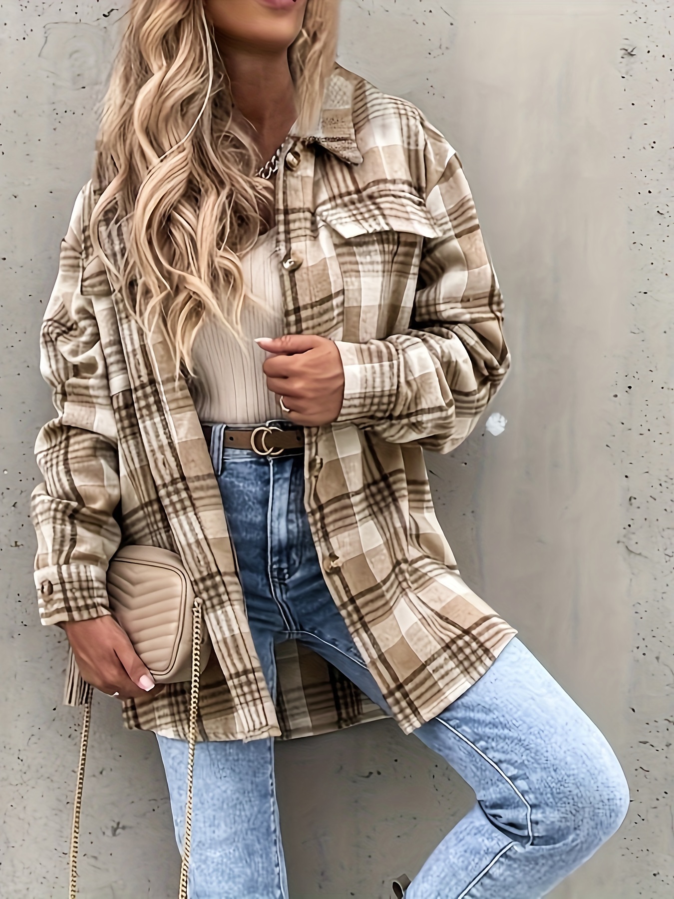 Preppy Button Plaid Drop Shoulder Jacket, Casual Long Sleeve Jacket For  Fall & Winter, Women's Clothing