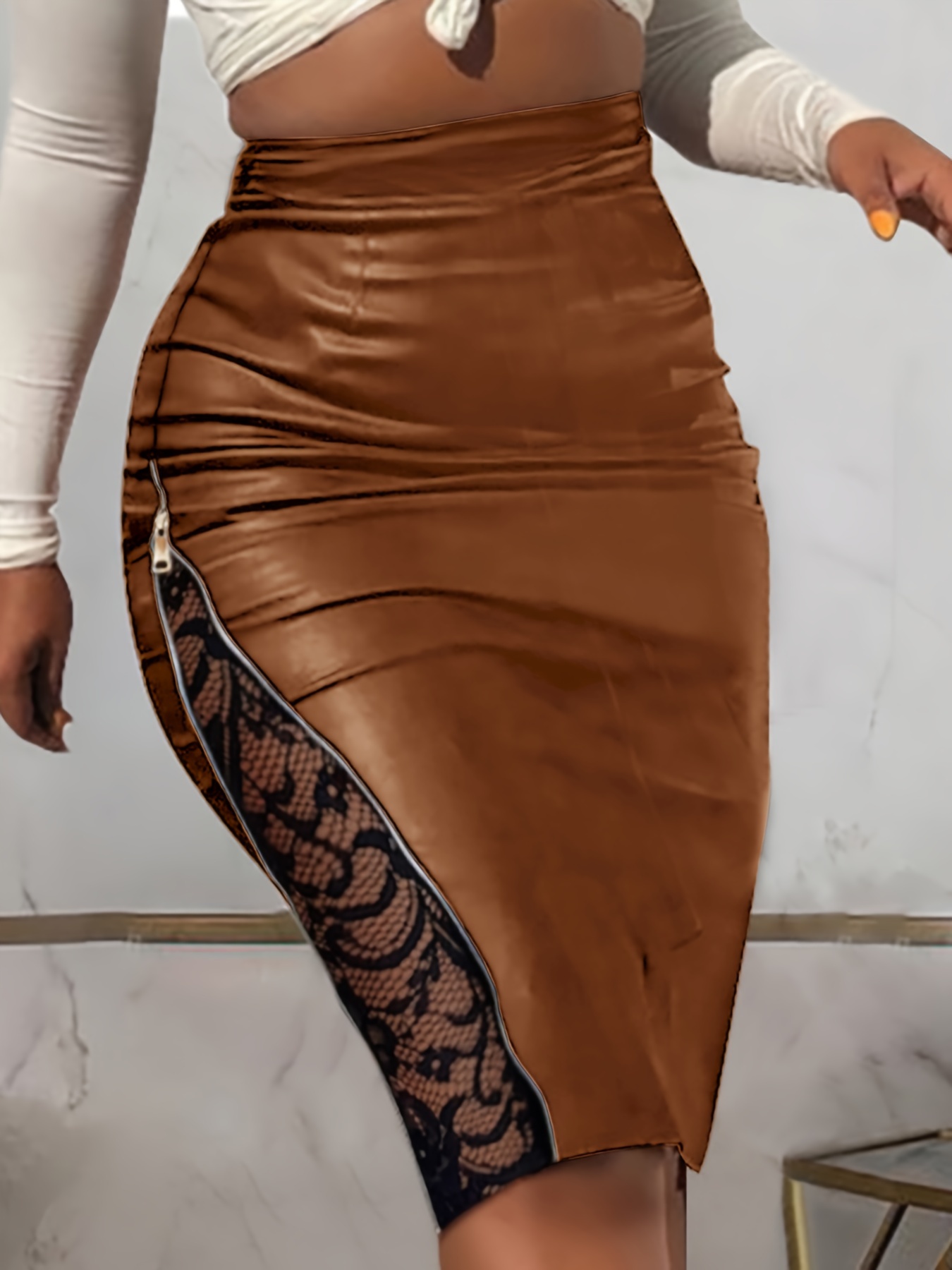 High Waist Faux Leather Pencil Skirt