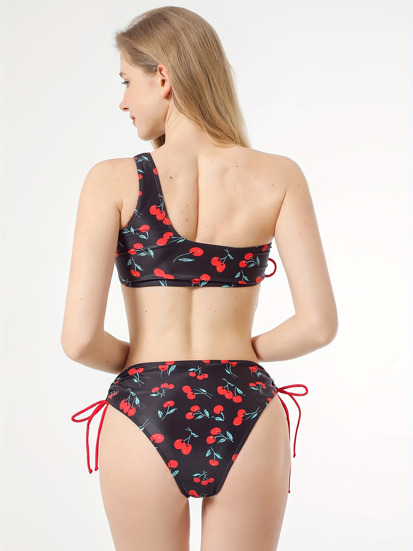 Girls Cherry Print One Shoulder 2 Piece Swimsuit