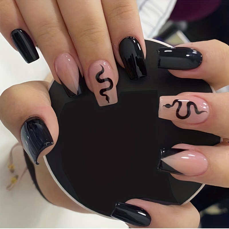 

24pcs Medium Oval Stick On Nails, Glossy Fake Nails With Snake Design, French Simple Style Full Cover False Nails For Women Girls, Send 1pc Jelly Glue And 1pc Nail File