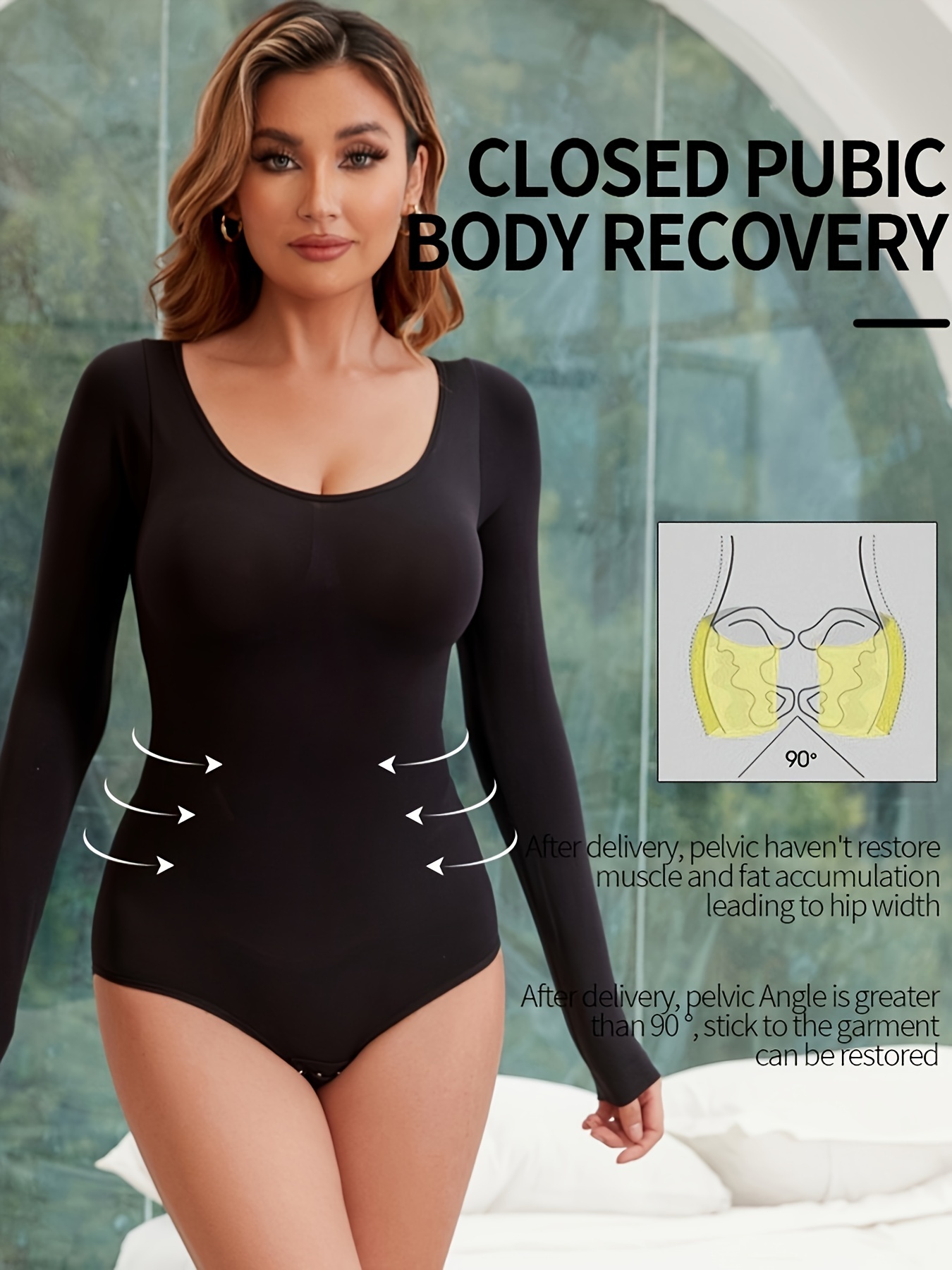 Long Sleeve Bodysuit for Women Tummy Control Crew Neck Thong