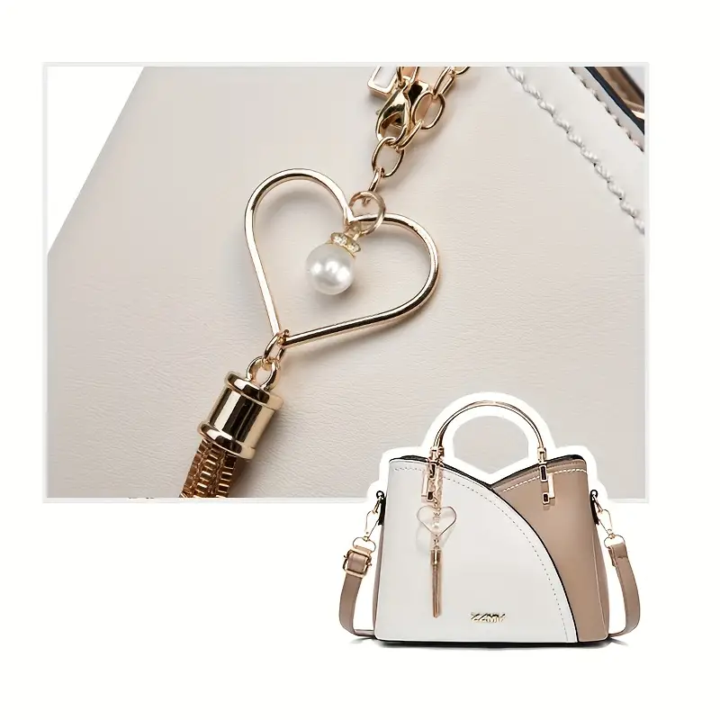 color block satchel bag trendy metal tassel decor crossbody bag womens top ring purse 9 1 7 5 4 5 inch details 2