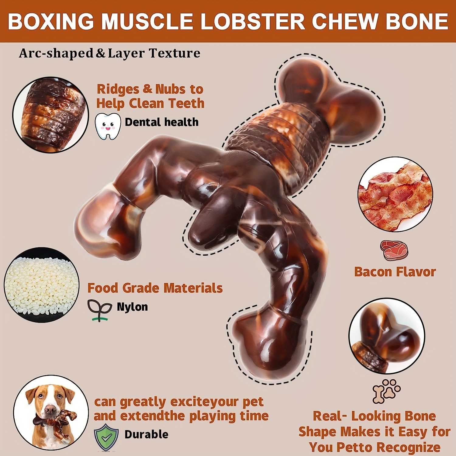  Dog Chew Toys for Aggressive Chewers - Indestructible Dog Toys,  Real Bacon Flavored, Tough Dog Bone Chew Toy for Medium/Large Breed Dogs,  Best Extreme Chew Toys to Keep Them Busy (Brown) 