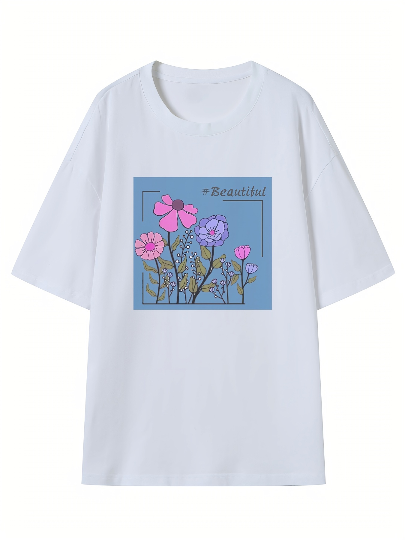 Beautiful Flower Print Crew Neck T Shirt Casual Loose Short Sleeve