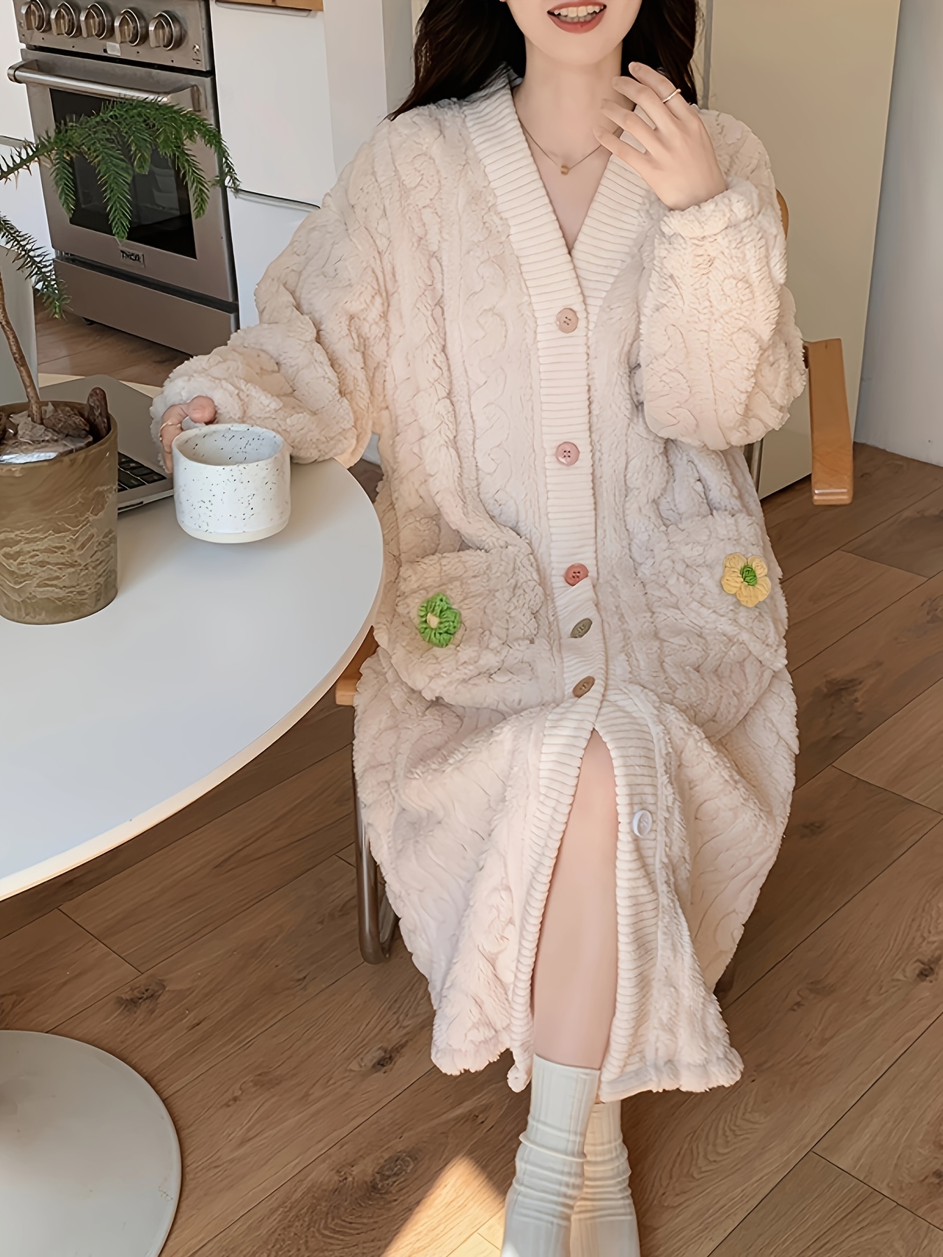 Flower Decor Fuzzy Night Robe Cute Long Sleeve V Neck Robe - Temu