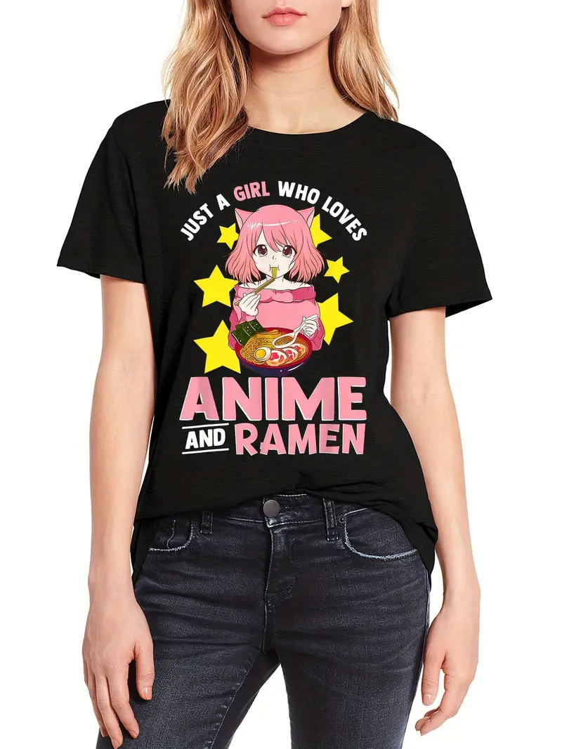 Anime Print Crew Neck T-Shirt, Topo de Manga Curta Fofo para