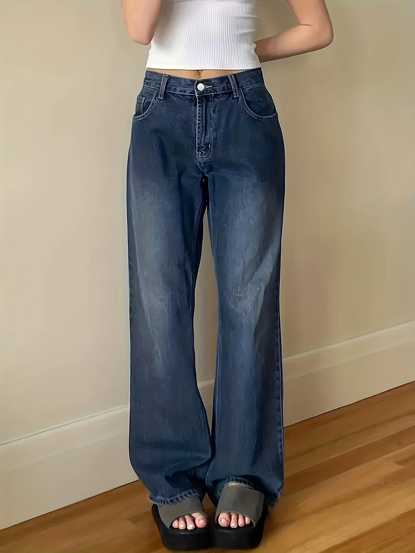 Blue Double Button Straight Jeans Non stretch Slant Pockets - Temu