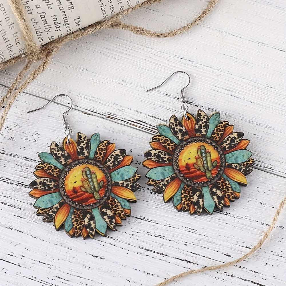 colorful sunflower shape pendant drop earrings leopard pattern wooden hook earrings for women 4