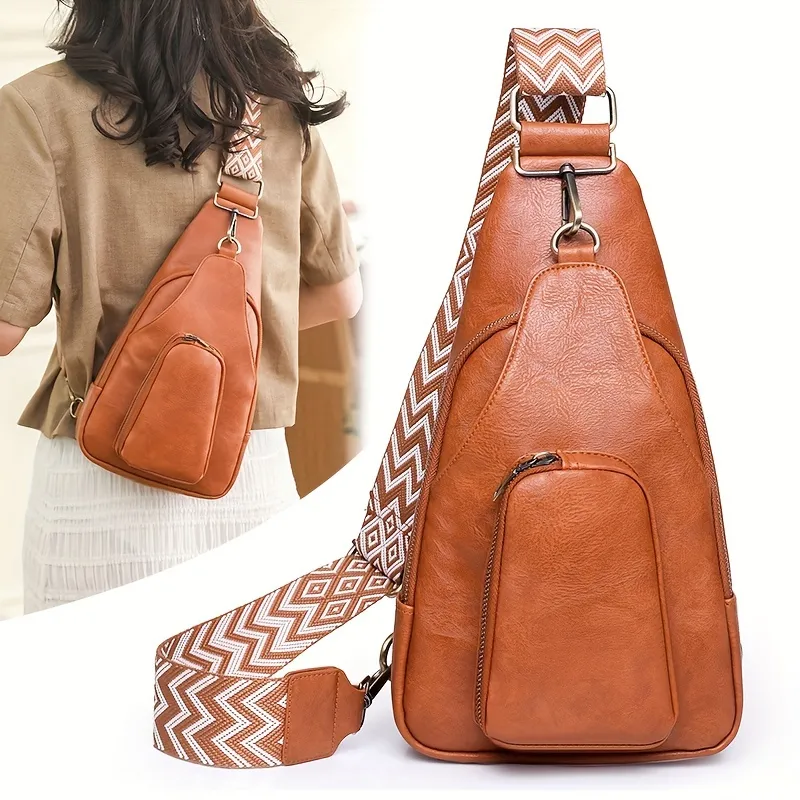 Geometric Strap Sling Bag, Vintage Pu Leather Chest Bag, Lock Decor  Crossbody Bag For Outdoor Travel - Temu