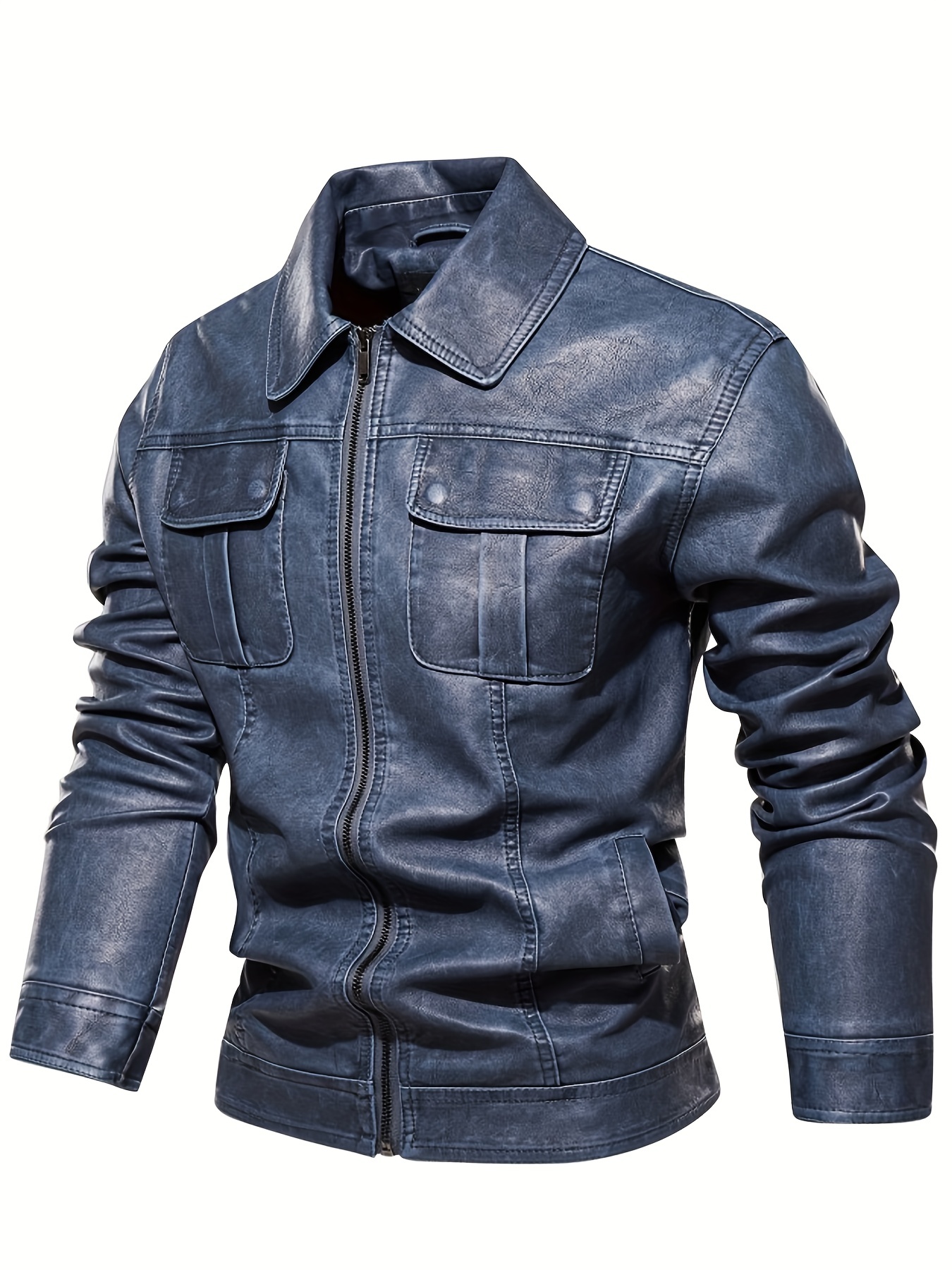 Mens Denim Blue Sleeves Casual Leather Jacket