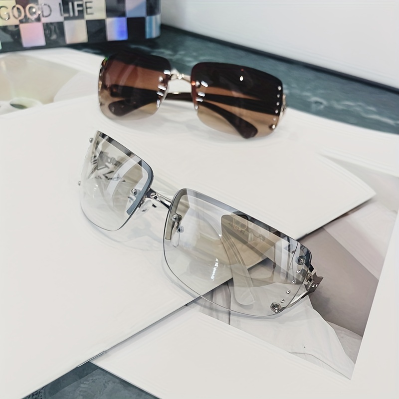 Y2k Rimless Sunglasses For Women Men Gradient Lens Glasses Futuristic  Rhinestone Decor Eyewear For Driving Beach, Uv 400 - Temu Saudi Arabia