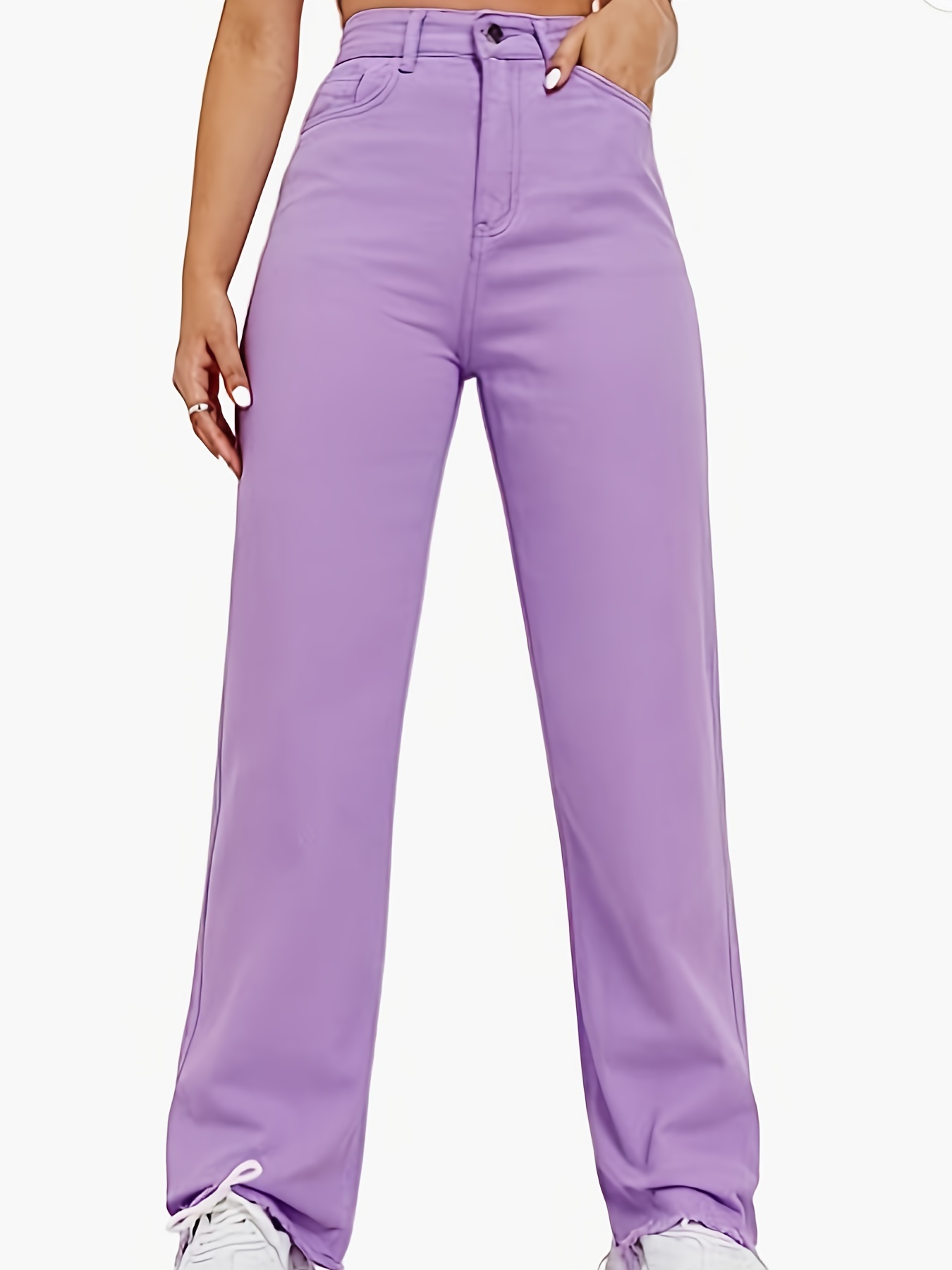 Custom Purple Colored Pleated Pants Straight Women Mom Denim Jeans