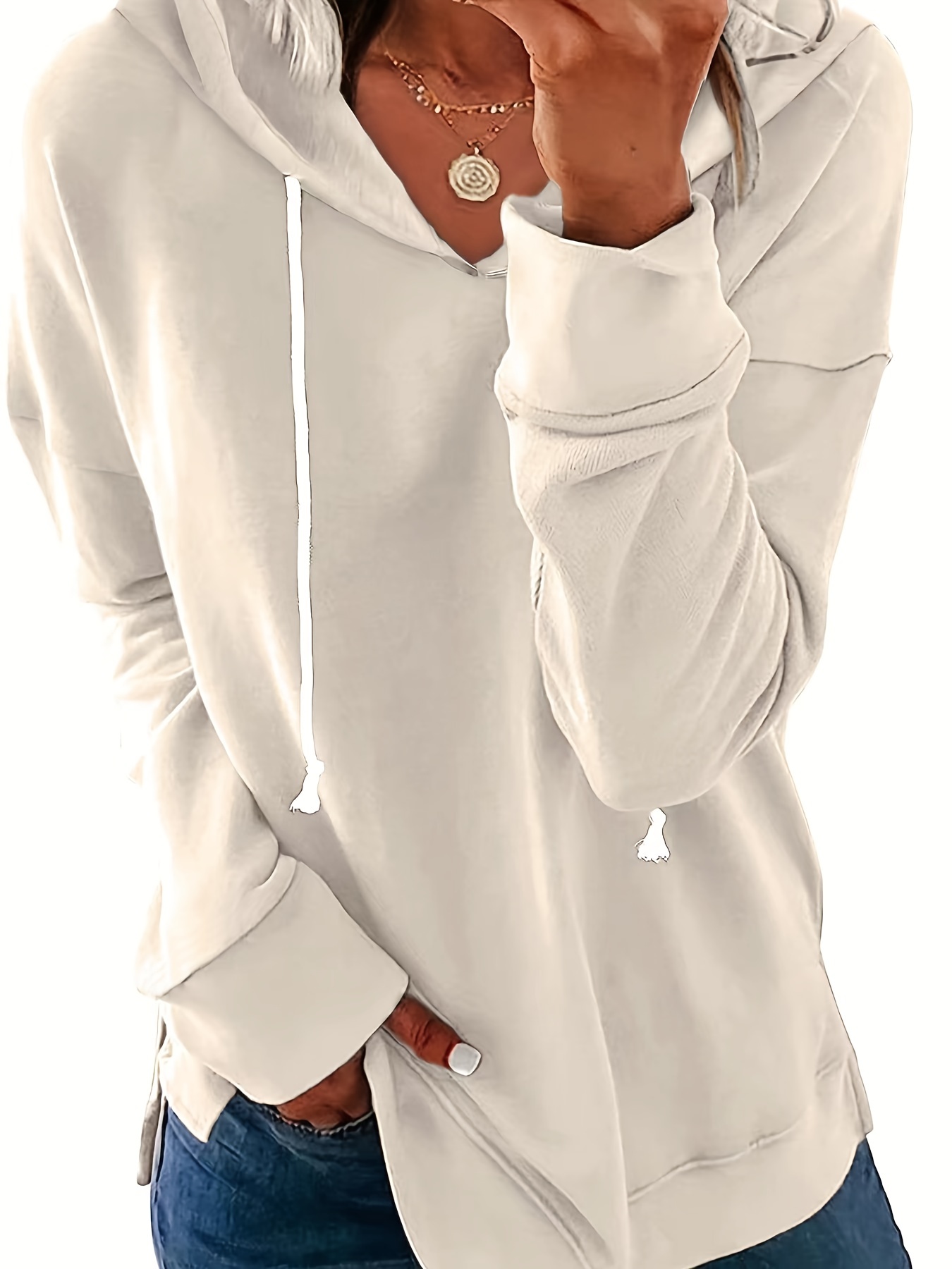 Solid Color Pullover Long Sleeve Hooded Sweatshirt Casual - Temu