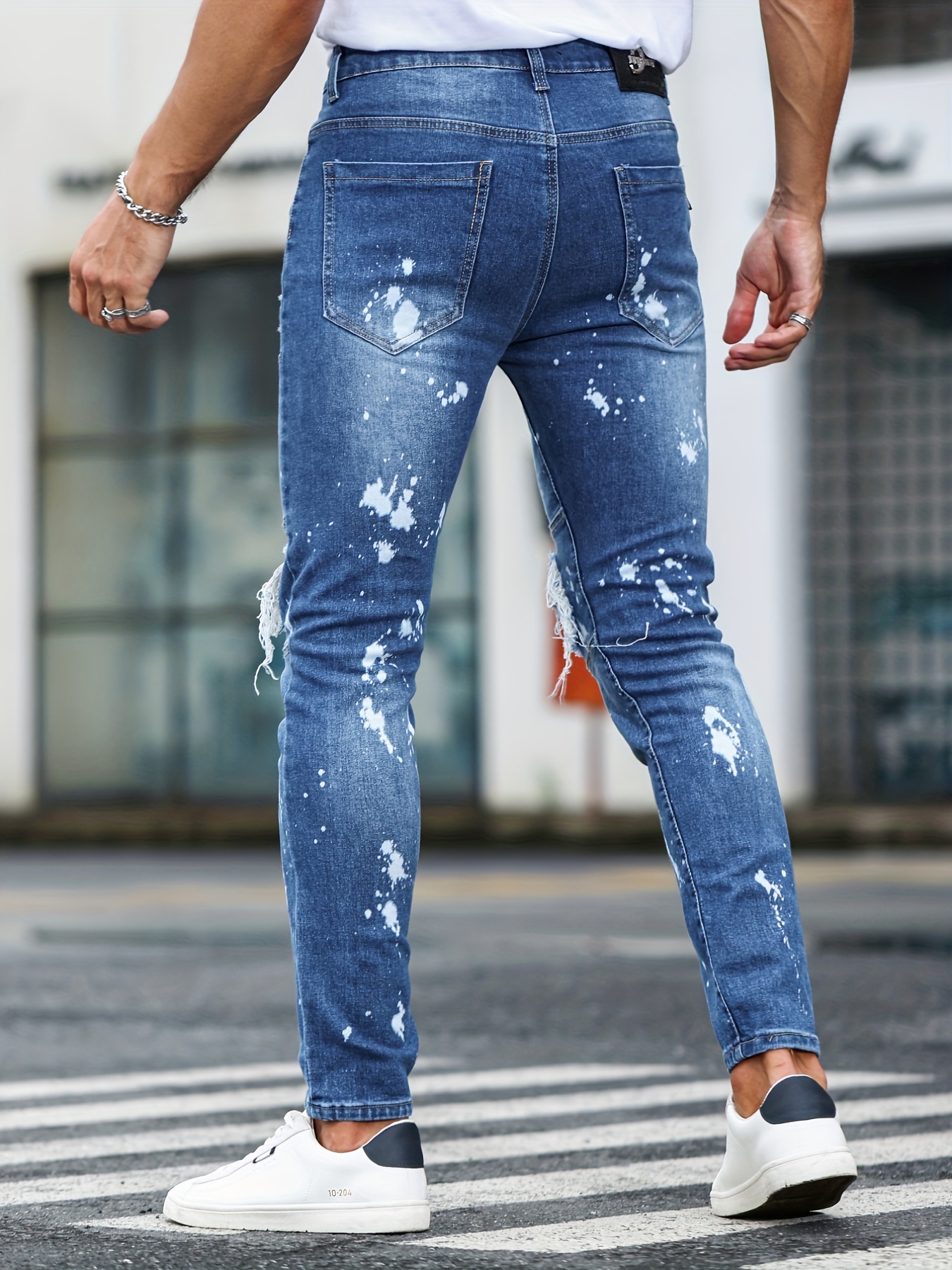 Blue Ripped Jeans For Men Mid-Wasit Slim Fit Denim Pants With Pocket