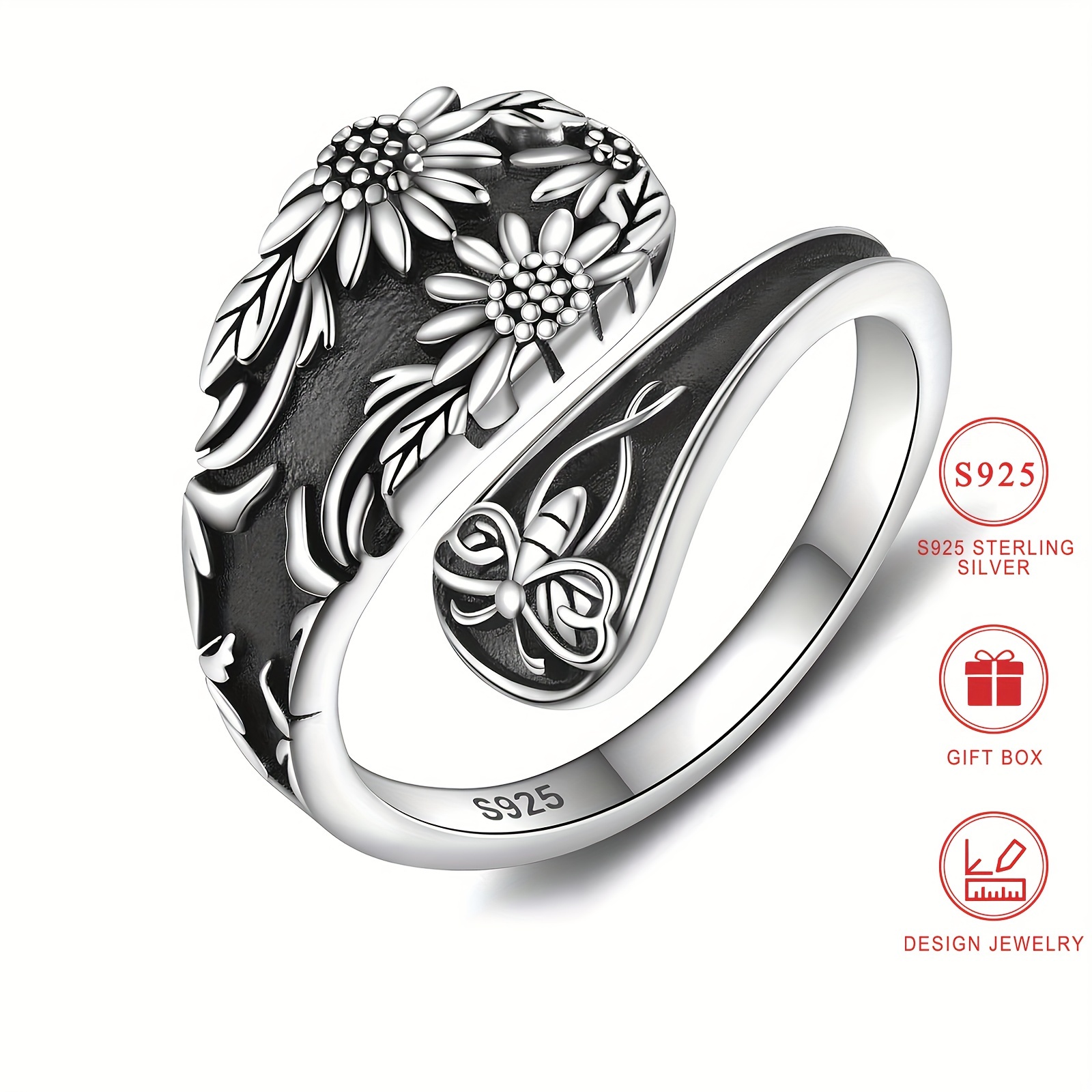 

1pc 925 Sterling Silver Spoon Ring Plated Retro Sunflower & 3d Butterfly Design Suitable For Men And Women High Quality Jewelry Gift For Family / Friends / Lover