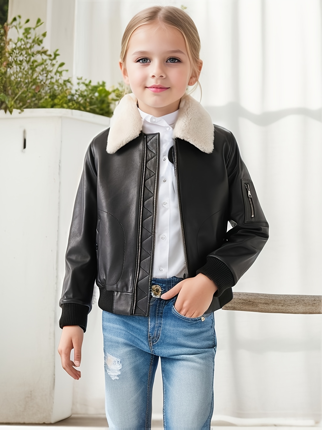 Children's Pu Leather Sleeve Fashion Bomber Jacket For Boys - Temu Canada