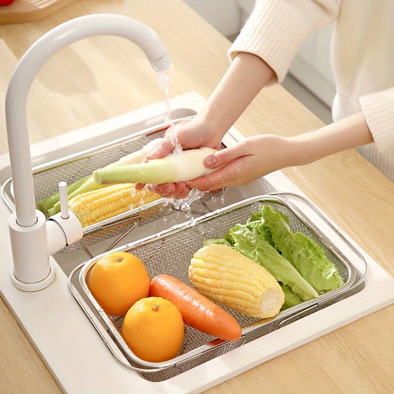1pc Kitchen Stainless Steel Drain, Fruit Vegetable Wash Basin, Stretchable  Versatile Drying Container, Dish Rack For