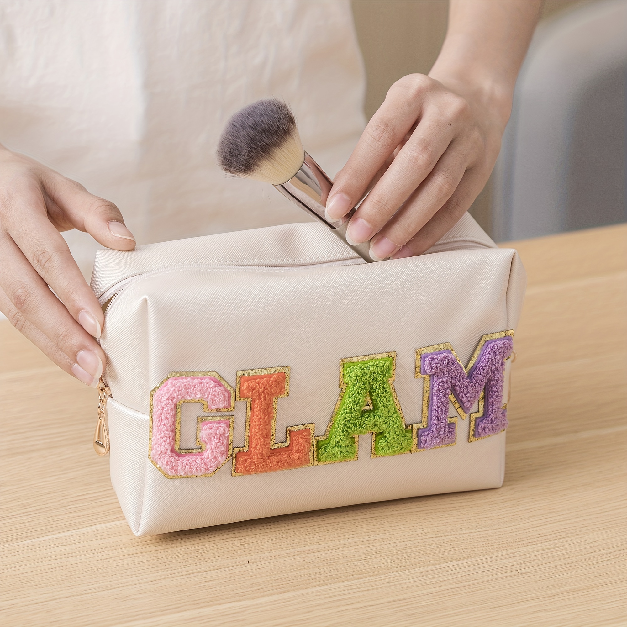 6 Pcs Preppy Patch Cute Makeup Bags Toiletry Bags Skincare Bag Chenille  Letter N