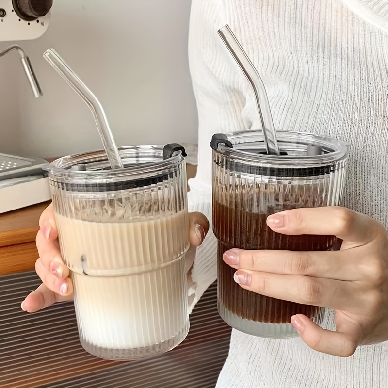 2/1Pcs 375Ml Vertical Stripe Glass Cup With Lid Straw Cup