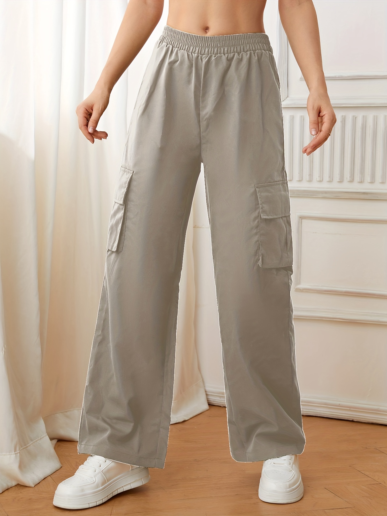 Grey Flap Pockets Cargo Pants Elastic Waist Straight Legs - Temu
