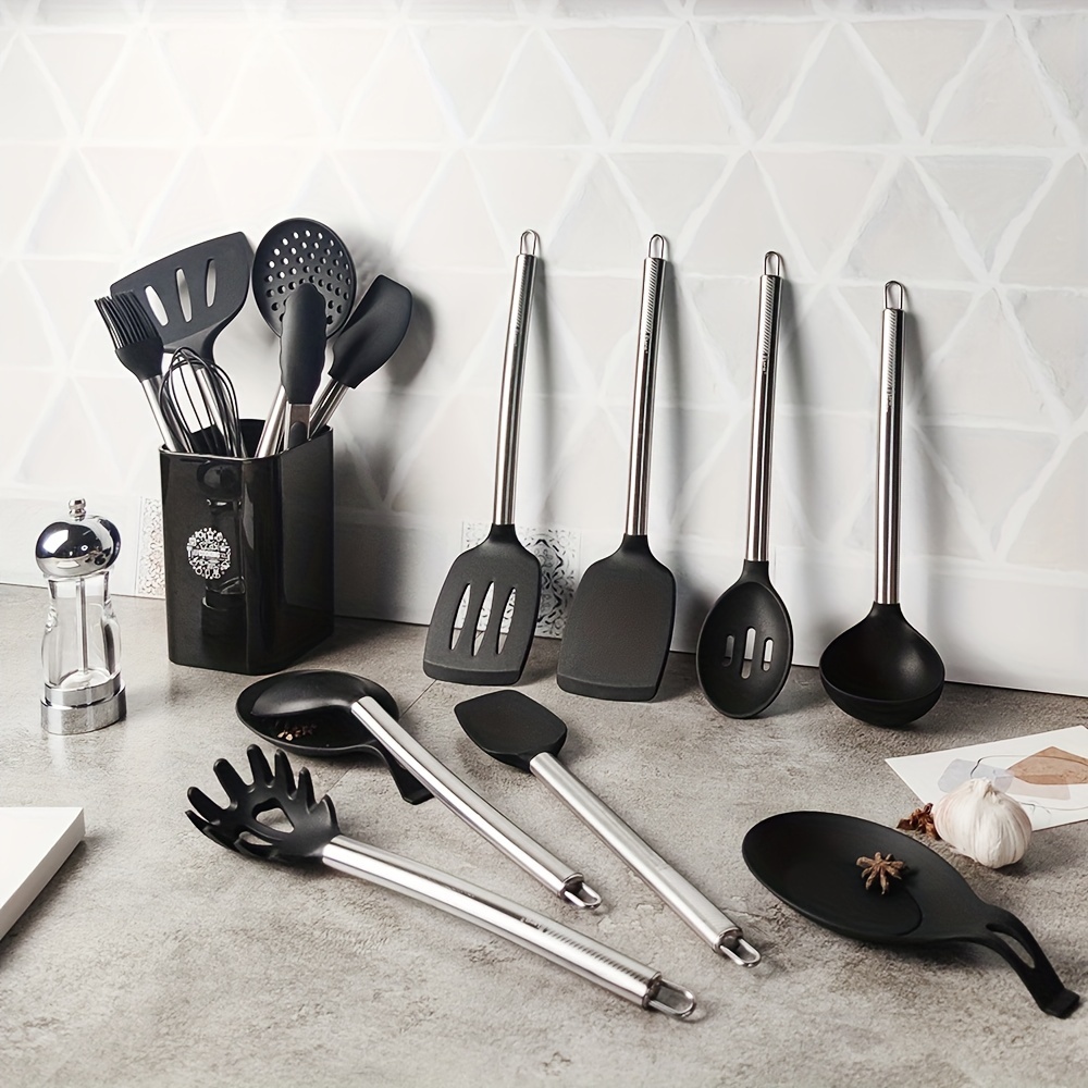 Juego de utensilios de cocina de silicona, 6 piezas de utensilios de cocina  de silicona, utensilios de cocina antiadherentes, mango de acero
