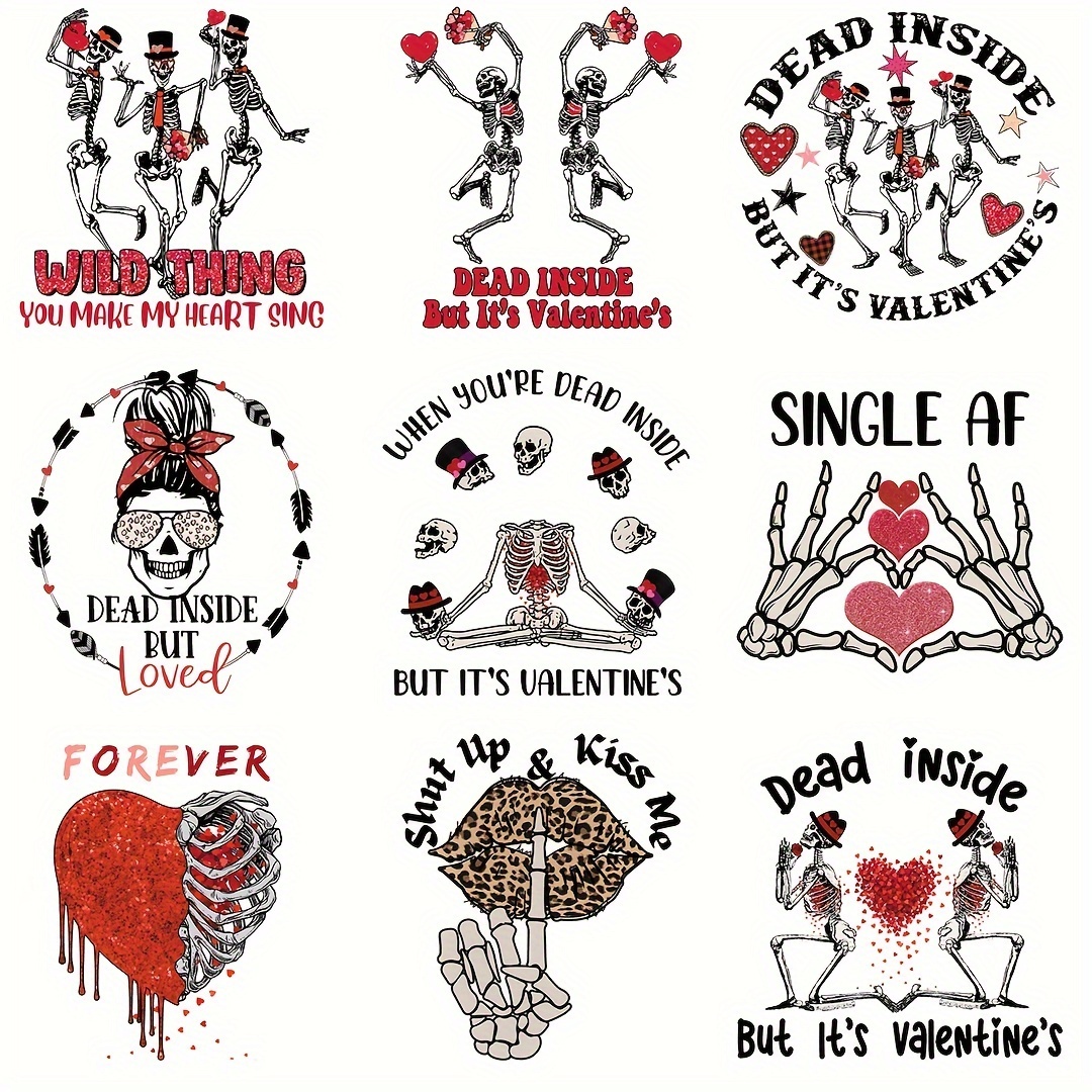 9 Pcs Valentine Skeleton Iron On Heat Transfers Vinyl For T Shirts DIY  Clothing T-Shirt Mask Jeans Backpack Hats Pillow Easy Heat Pressed Decals  For P