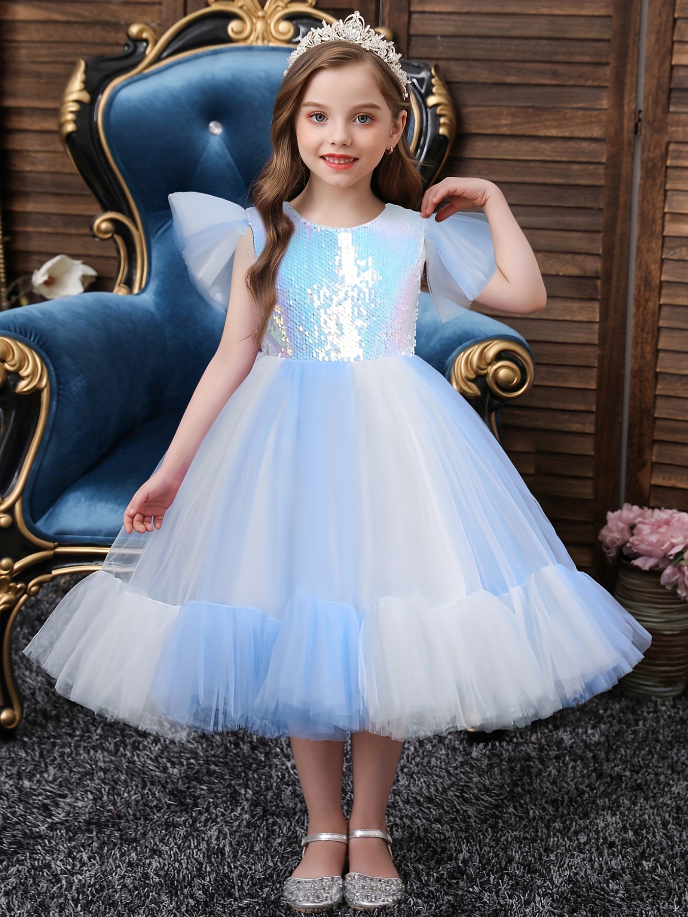 Vestidos largos para niñas de 4 años, estampado de primavera y verano, ropa  de vestir de princesa (azul, 3-4 años)