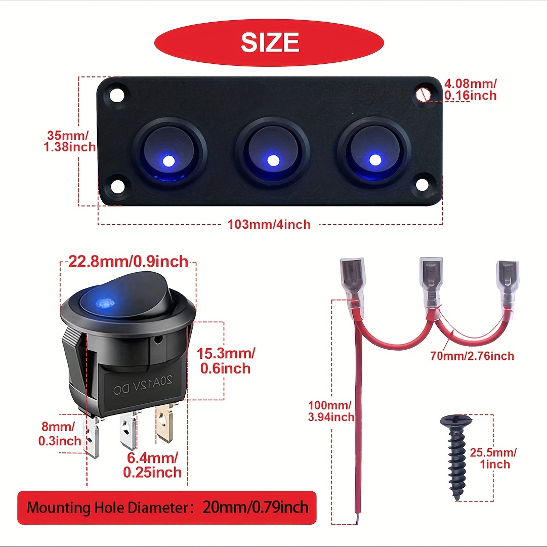 Twidec/3 Gang Round Dot Lighted Rocker Switch Toggle Metal Panel With 20A  12V DC ON/OFF SPST Switch Control For Car Or Boat Blue LED Light  KCD2-102N-BU-XBZ : : Car & Motorbike