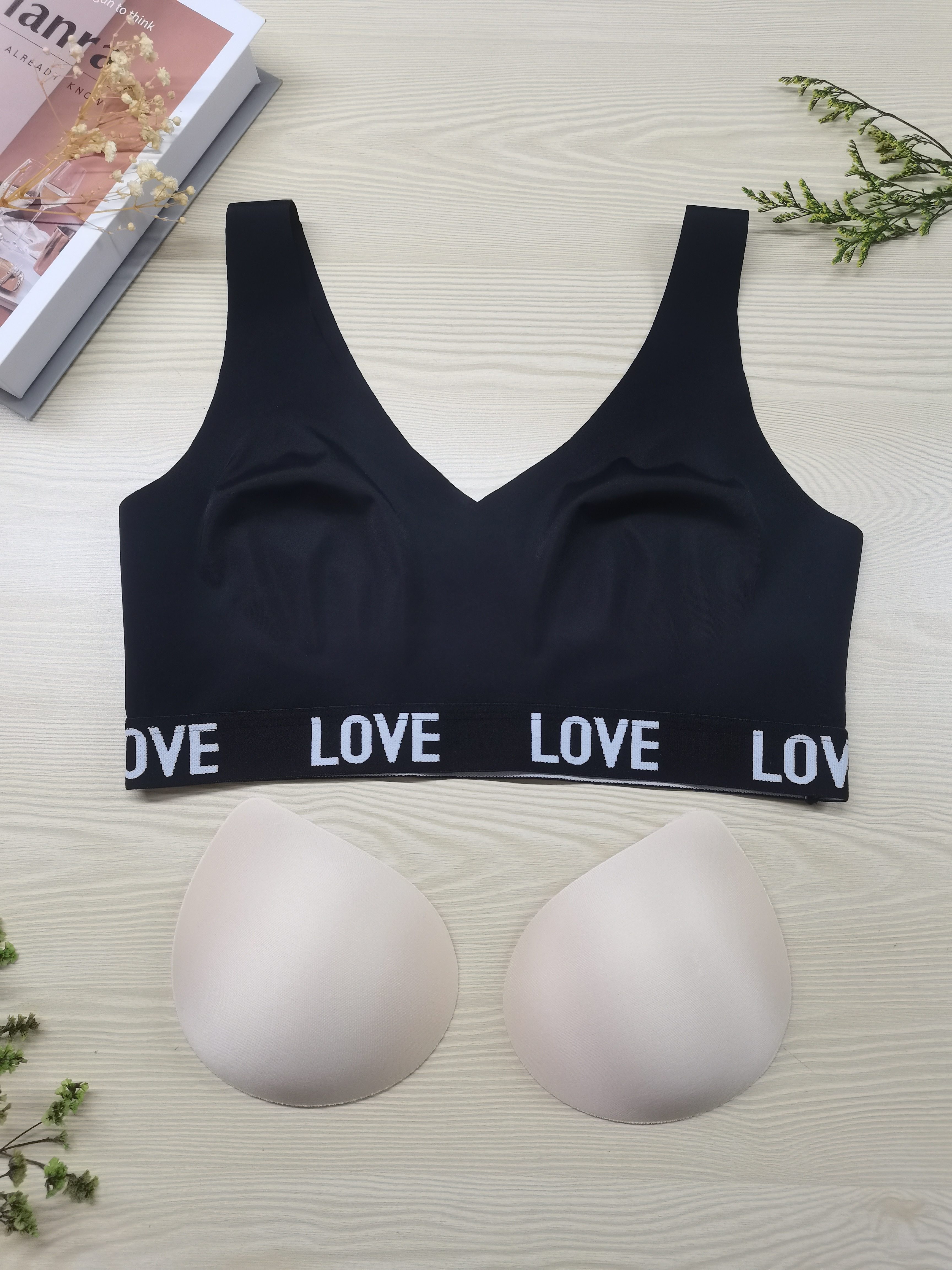 Letter Print Wireless Bra Comfy Breathable Stretch Bra - Temu